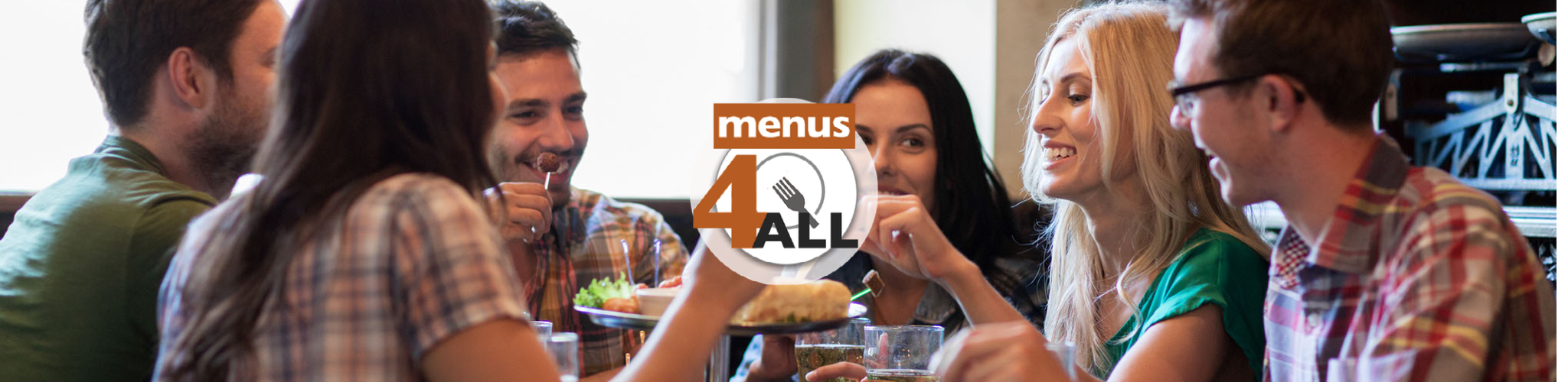 6 friends at a restaurant happy hour sharing an assortment of appetizers over drinks. Plus Menus 4 ALL logo.