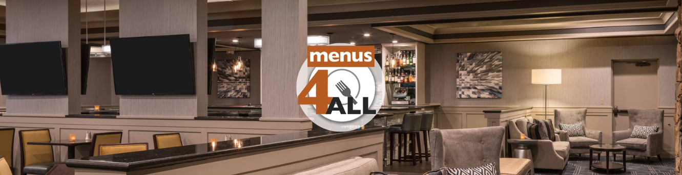 Lobby view of 5th Street Grill seating and large stone fireplace with Menus 4 ALL logo