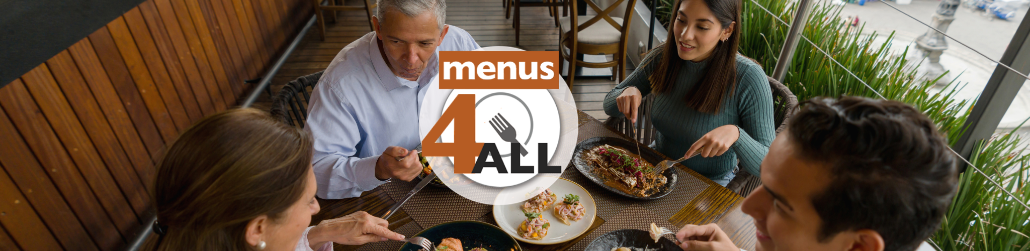 Menus 4 ALL logo with a 4 people in a restaurant chatting as they share a meal.
