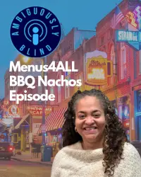 Ambiguously Blind with text: Menus4ALL B B Q Nachos Episode. Stephanie picture on Beale Street in Memphis.