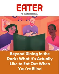 Eater logo with a drawing of two people looking at 1 menu with a waiter taking order