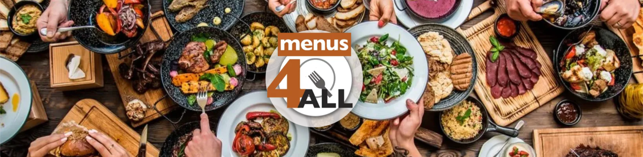 4 friends sharing a meal with Menus 4 ALL logo